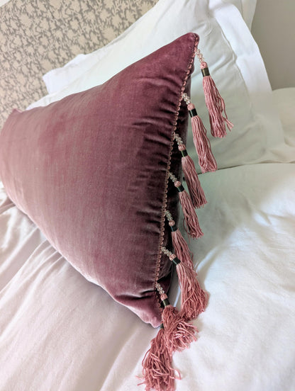 Velvet Pillow Cover, Velvet Cushion, Berry Pink with Tassel Bead Trim