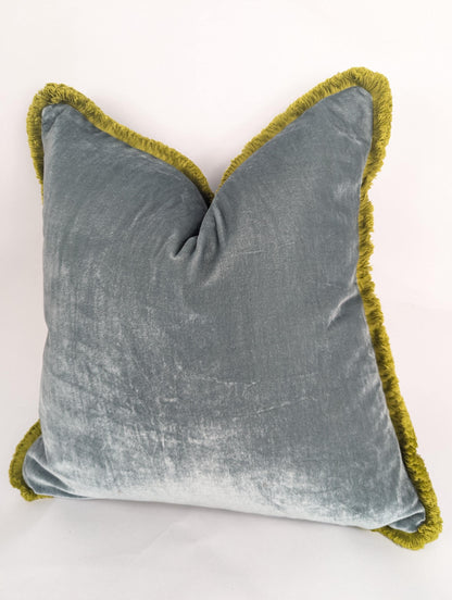 Velvet Pillow Cover, Velvet Cushion, Sea Blue with Chartreuse Fringe Trim