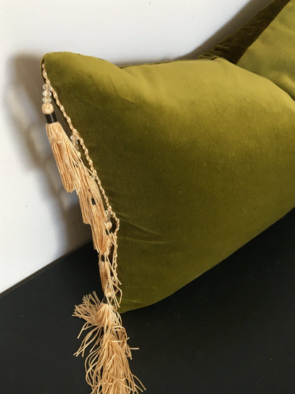 Chartreuse Silk Velvet Pillow Cover, Green and Gold Tassel Cushion, Green Velvet Throw Pillow