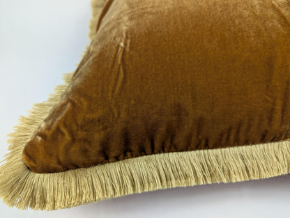 Velvet Throw Pillow Cover, Silk Velvet Cushion, Caramel with Beige Fringe Trim