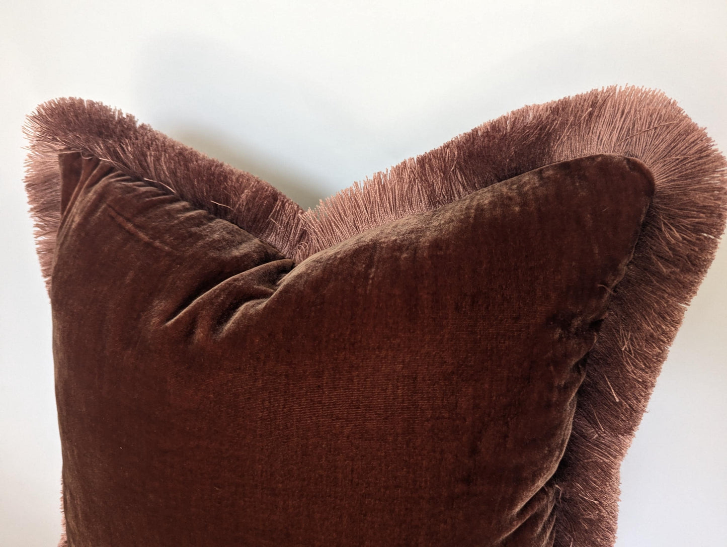 Velvet Pillow Cover, Silk Velvet Cushion, Chocolate Brown with Dusty Pink Fringe Trim