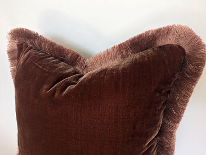 Velvet Pillow Cover, Silk Velvet Cushion, Chocolate Brown with Dusty Pink Fringe Trim