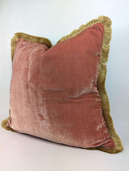 Velvet Pillow Cover, Silk Velvet Cushion, Coral with Light Beige Fringe Trim