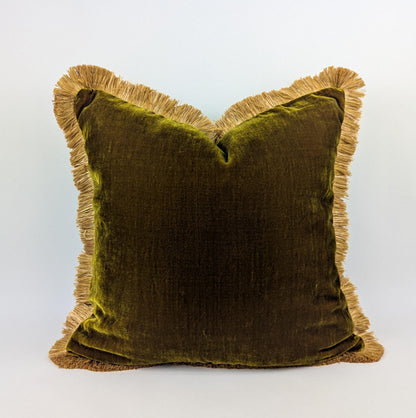 Long Lumbar Pillow, Long Lumbar Velvet Cushion, Chartreuse Green with Gold Fringe Trim