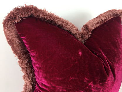 Silk Velvet Throw Pillow, Fuschia Pink Cushion with Dusty Pink Fringe