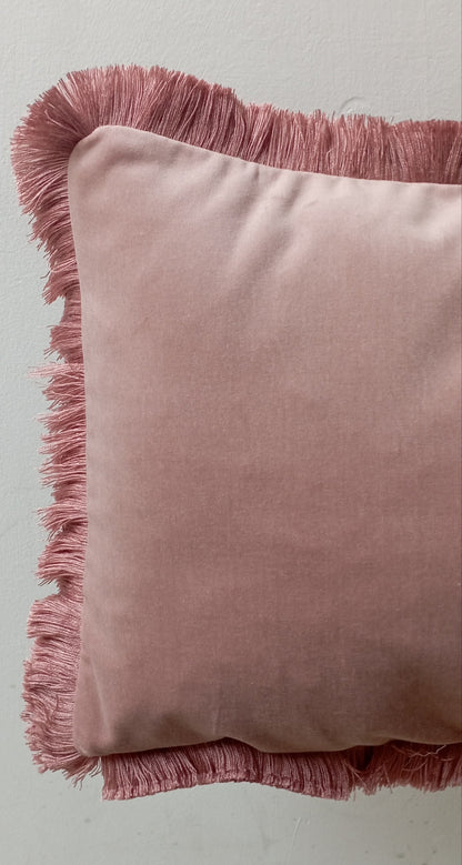 Silk Velvet Lumbar Pillow, Dusty Pink Fringe Trim Cushion