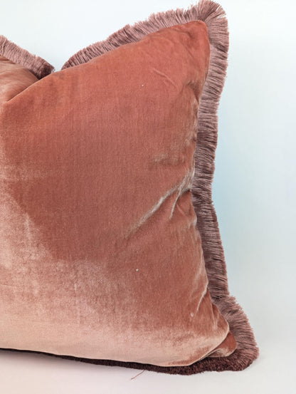 Velvet Throw Pillow Covers, Velvet Cushion, Coral with Fringe Trim