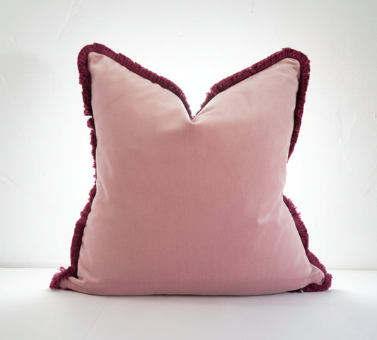 Velvet Throw Pillow Cover, Pink Cotton Velvet Cushion, Dusty Pink with Fuschia Fringe