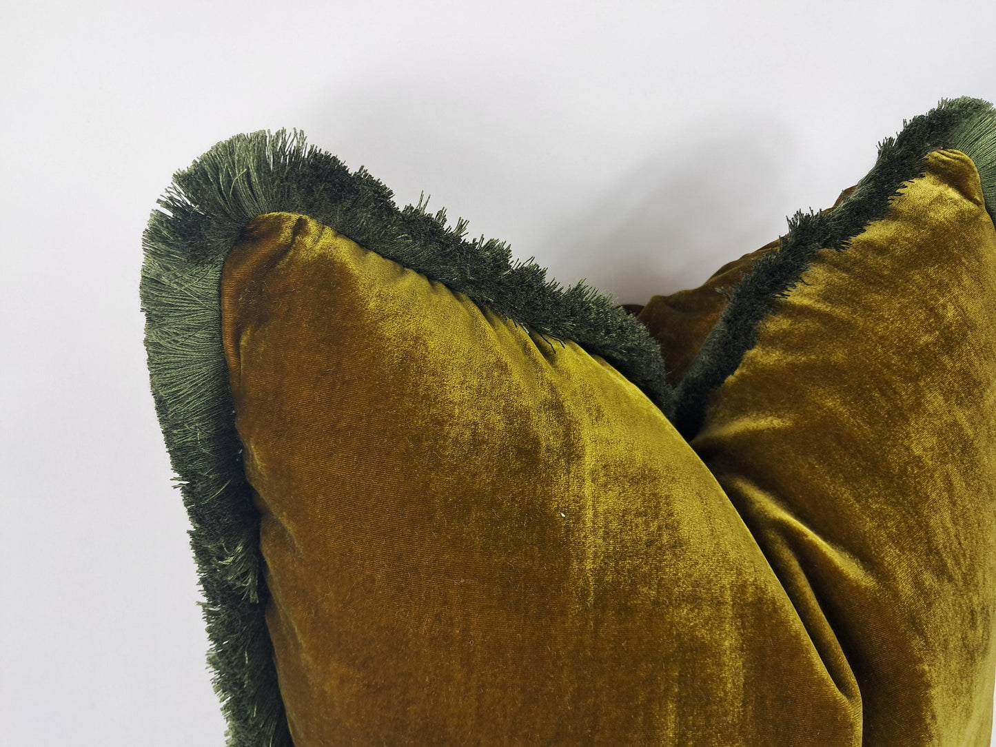 Velvet Pillow Cover, Silk Velvet Cushion, Chartreuse Green with Moss Green Fringe Trim