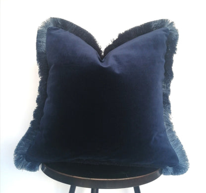 Navy Silk Velvet Pillow Cover, Dusty Blue Fringe Cushion, Living Room Accent