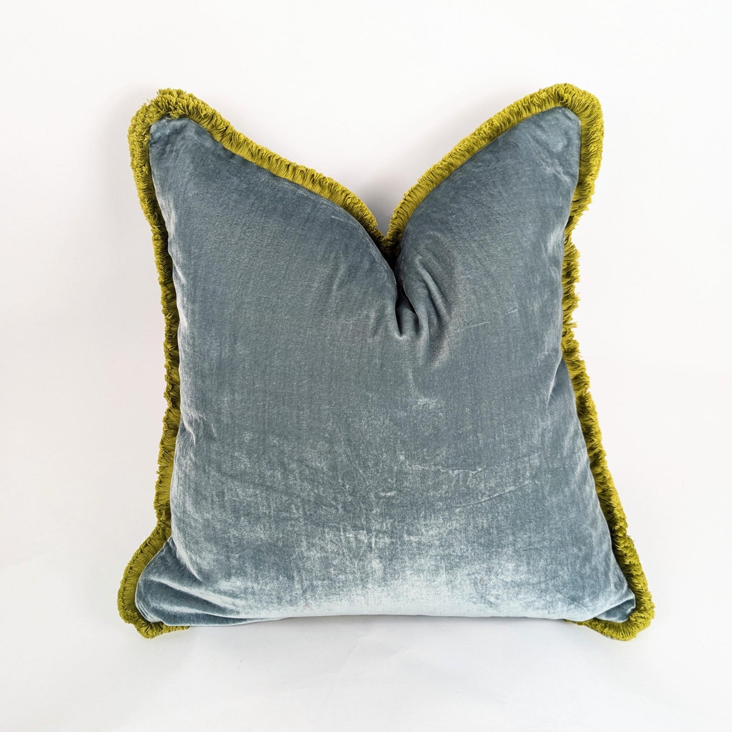 Velvet Pillow Cover, Velvet Cushion, Sea Blue with Chartreuse Fringe Trim