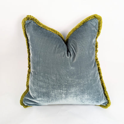Velvet Pillow Cover, Velvet Cushion, Sea Blue with Chartreuse Fringe Trim