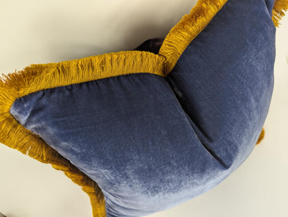 Blue Silk Velvet Pillow Covers - Blue and Gold Fringe Cushion - Royal Home Decor