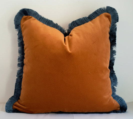 Velvet Throw Pillow Cover, Brown Cotton Velvet Cushion, Rust with Dusty Blue Fringe
