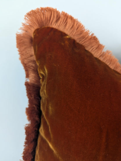 Rusty Silk Velvet Pillow Covers - Orange Fringe Cushion - Living Room Decor