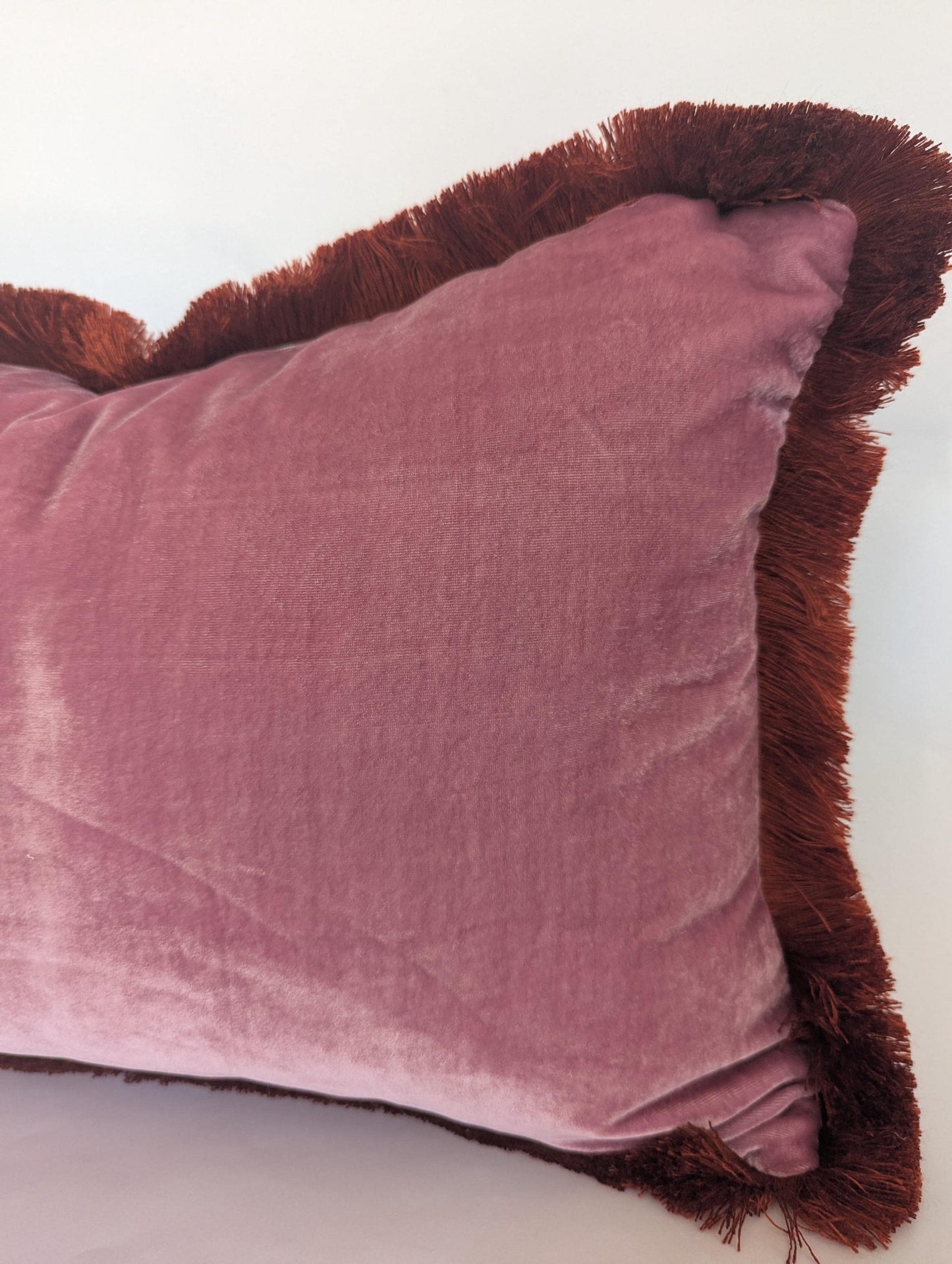 Pink Velvet Pillows , Velvet Cushion, Vintage Rose with Rusty Orange Fringe