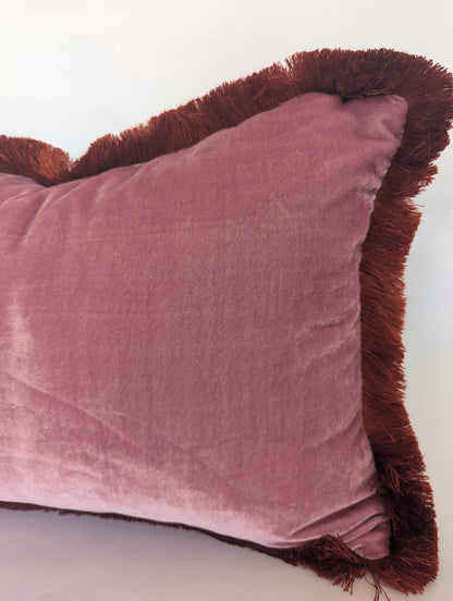 Pink Velvet Pillows , Velvet Cushion, Vintage Rose with Rusty Orange Fringe