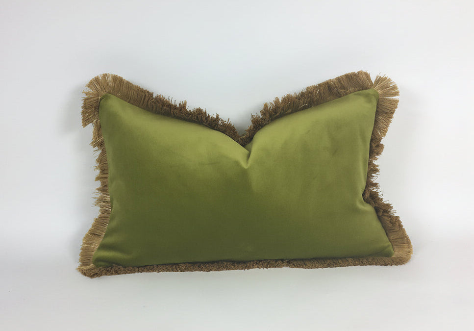 Velvet Throw Pillow Cover, Green Velvet Cushion, Olive Green with Gold Fringe
