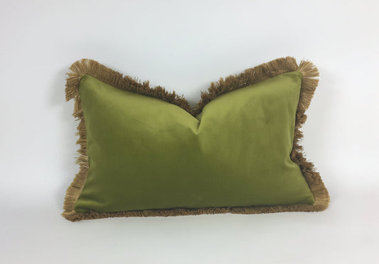 Velvet Throw Pillow Cover, Green Velvet Cushion, Olive Green with Gold Fringe