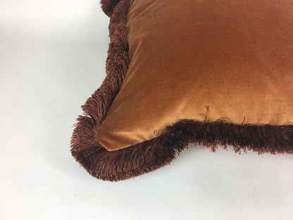 Velvet Pillow Cover, Brown Cotton Velvet Cushion, Rust with Chocolate Brown Fringe