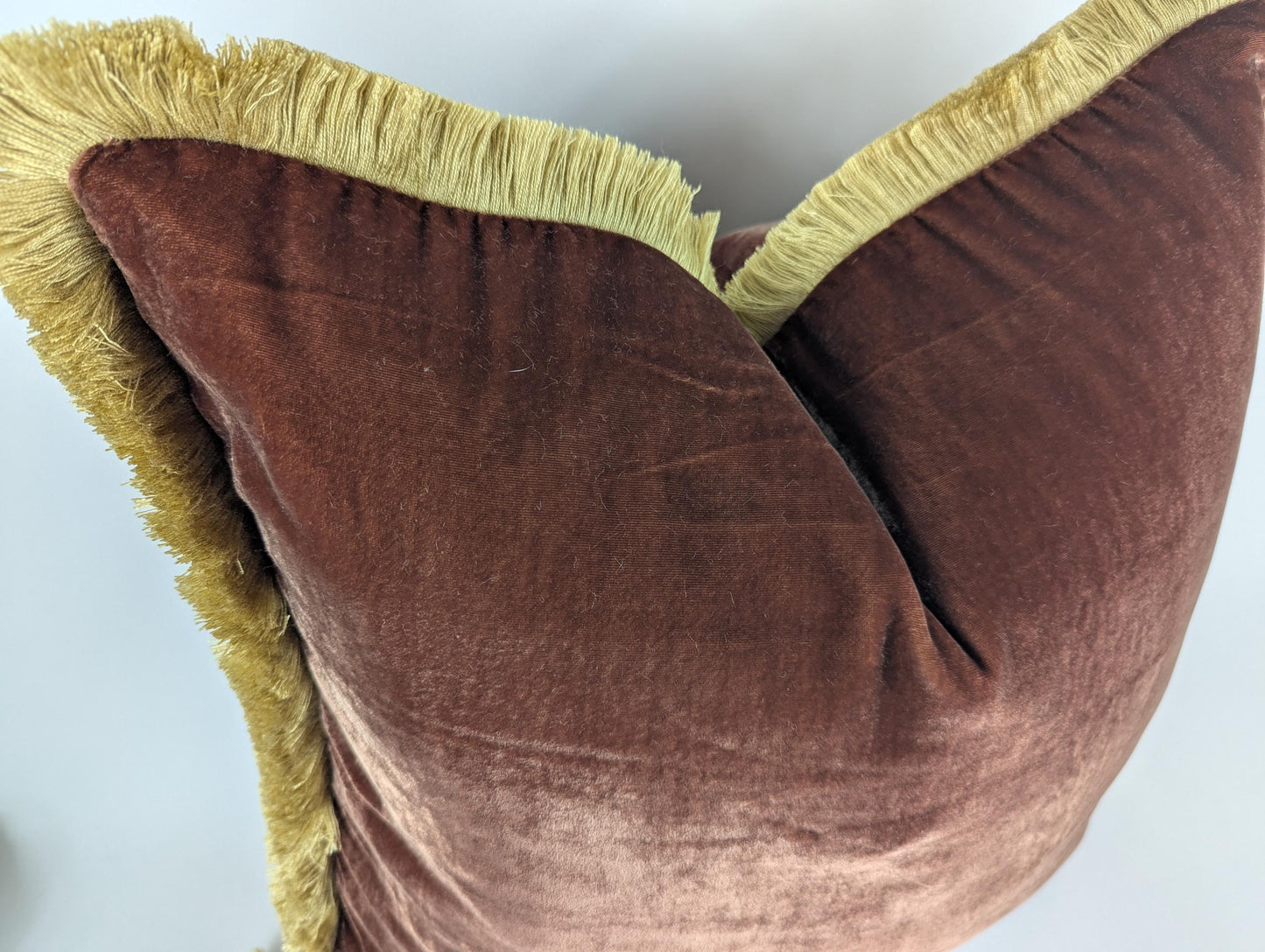 Velvet throw Pillow, Silk Velvet Cushion, Chocolate Brown with Beige Fringe Trim