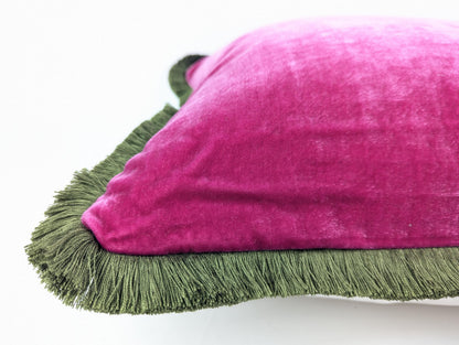 Velvet Throw Pillow, Silk Velvet Cushion, Cerise Pink with Moss Green Fringe Trim