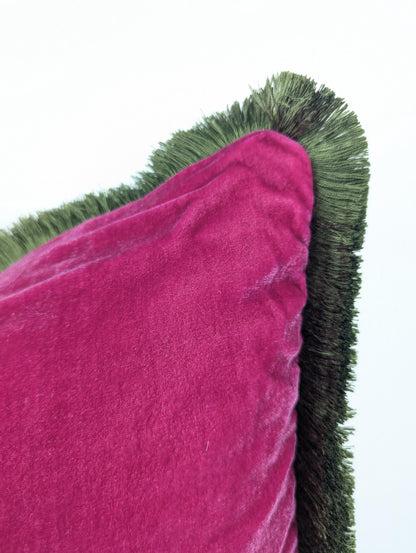 Velvet Throw Pillow, Silk Velvet Cushion, Cerise Pink with Moss Green Fringe Trim