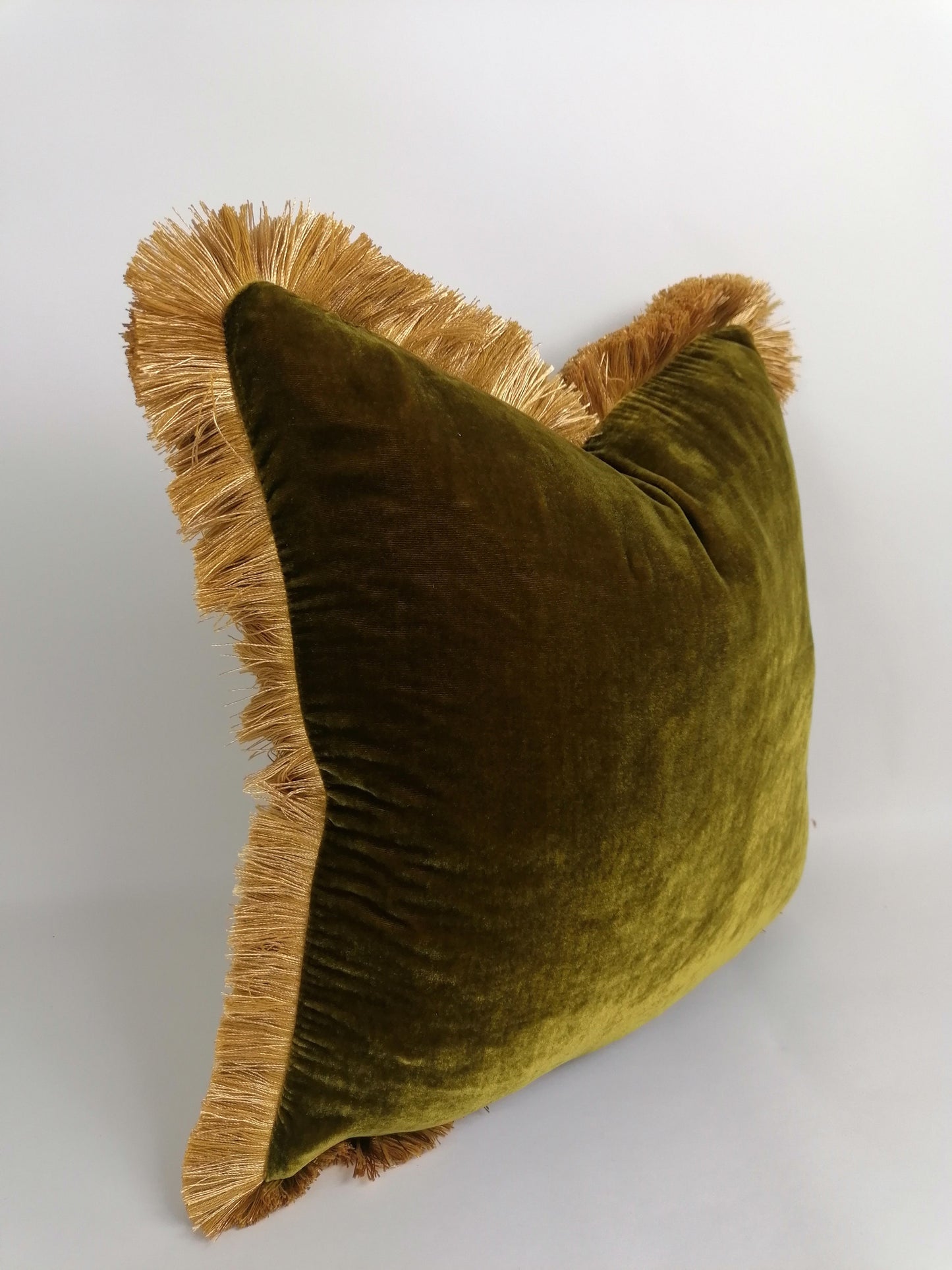 Chartreuse Silk Velvet Throw Pillow Covers - Green and Gold Fringe Cushion - Maximalist Pillow