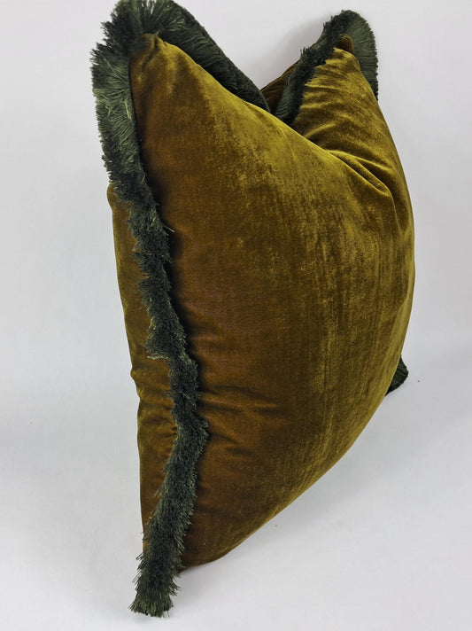 Velvet Pillow Cover, Silk Velvet Cushion, Chartreuse Green with Moss Green Fringe Trim