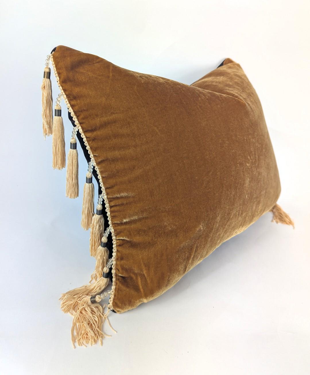 Velvet Pillow Cover, Silk Velvet Cushion, Caramel with Gold Bead Tassels