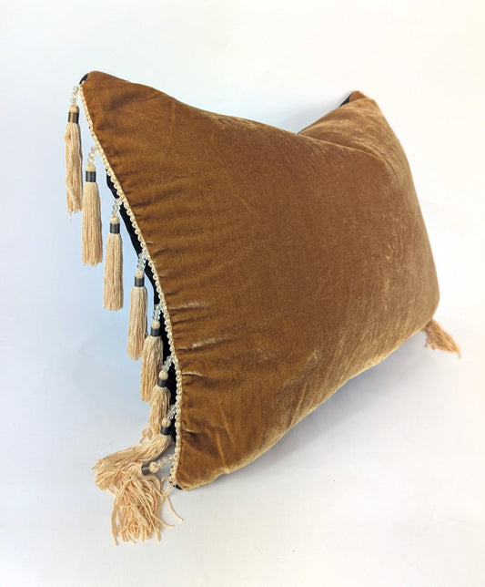 Velvet Pillow Cover, Silk Velvet Cushion, Caramel with Gold Bead Tassels
