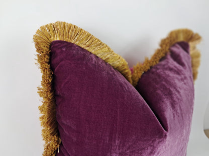 Velvet Pillow Cover, Silk Velvet Cushion, Plum Purple with Gold Fringe Trim