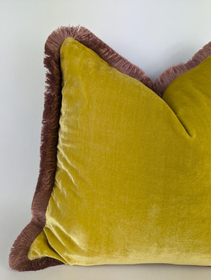 velvet Throw Pillow, Silk Velvet Cushion, Spring Yellow with Dusty Pink Fringe Trim