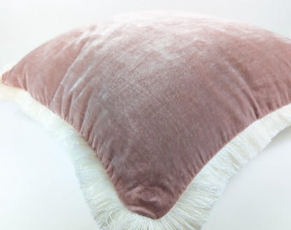 Dusty Rose Silk Velvet Pillow Cover, Fringe Cushion, Luxury Throw Pillow