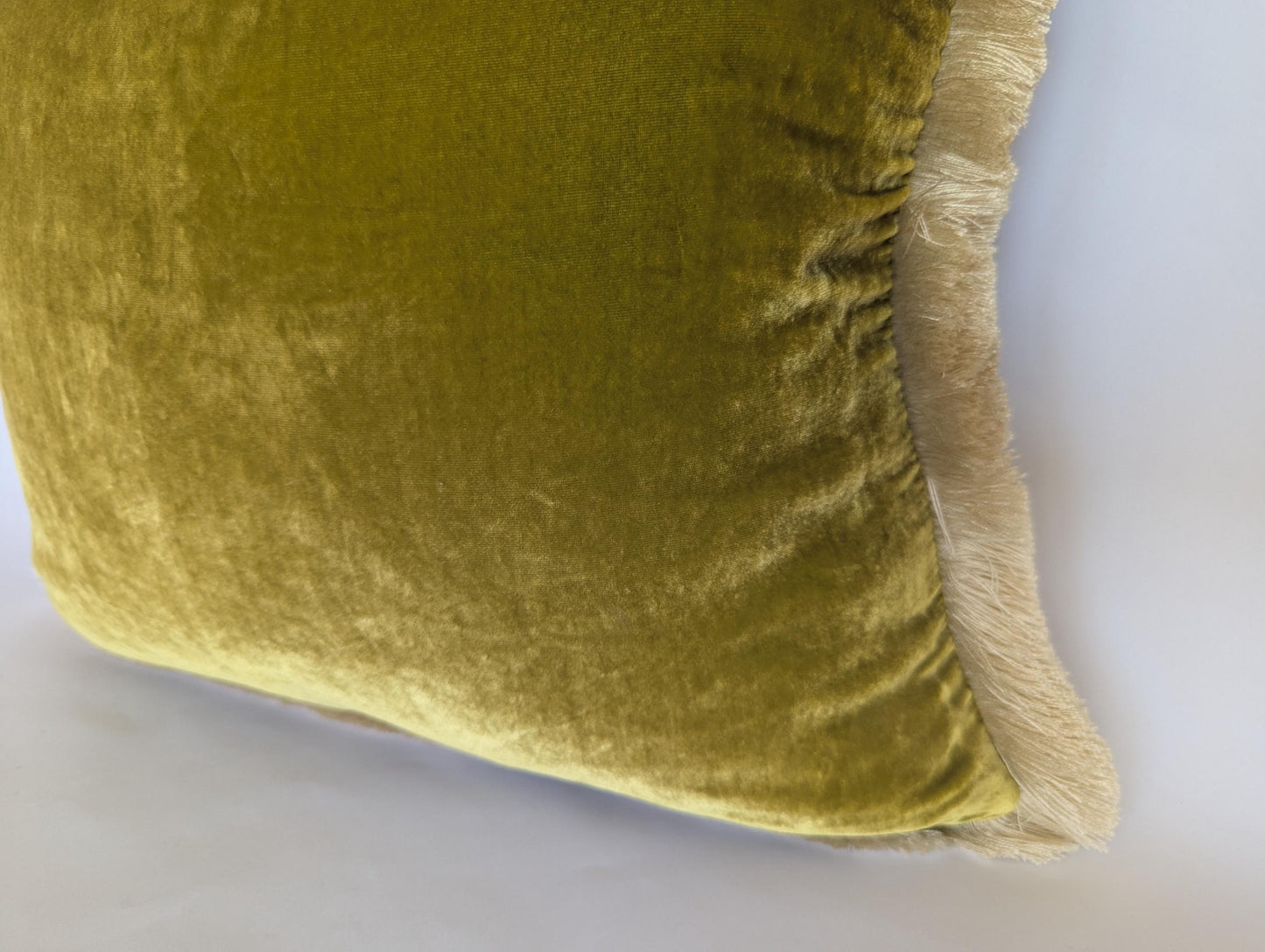 Velvet Pillow Cover, Silk Velvet Cushion, Citrine with Ivory Fringe Trim