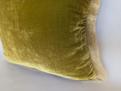 Velvet Pillow Cover, Silk Velvet Cushion, Citrine with Ivory Fringe Trim
