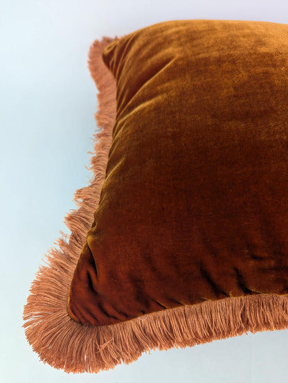 Rusty Silk Velvet Pillow Covers - Orange Fringe Cushion - Living Room Decor