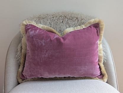 Velvet Pillow Cover, Silk Velvet Cushion, Vintage Rose with Ivory Fringe Trim