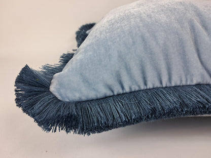 Blue Silk Velvet Pillow Cover, Dusty Blue Fringe Trim Cushion