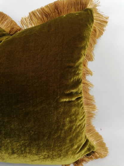 Chartreuse Silk Velvet Throw Pillow Covers - Green and Gold Fringe Cushion - Maximalist Pillow