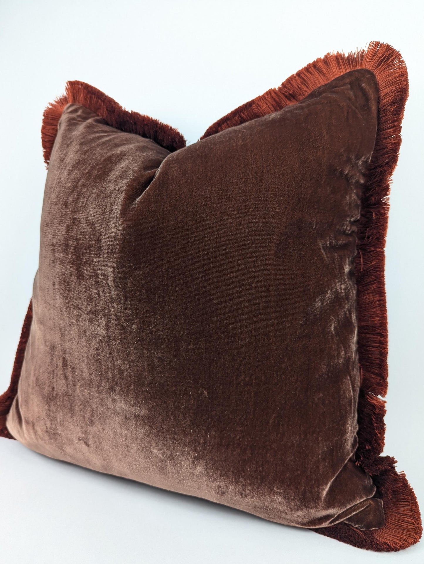 Velvet Pillow Cover, Silk Velvet Cushion, Brown with Orange Frim Trim