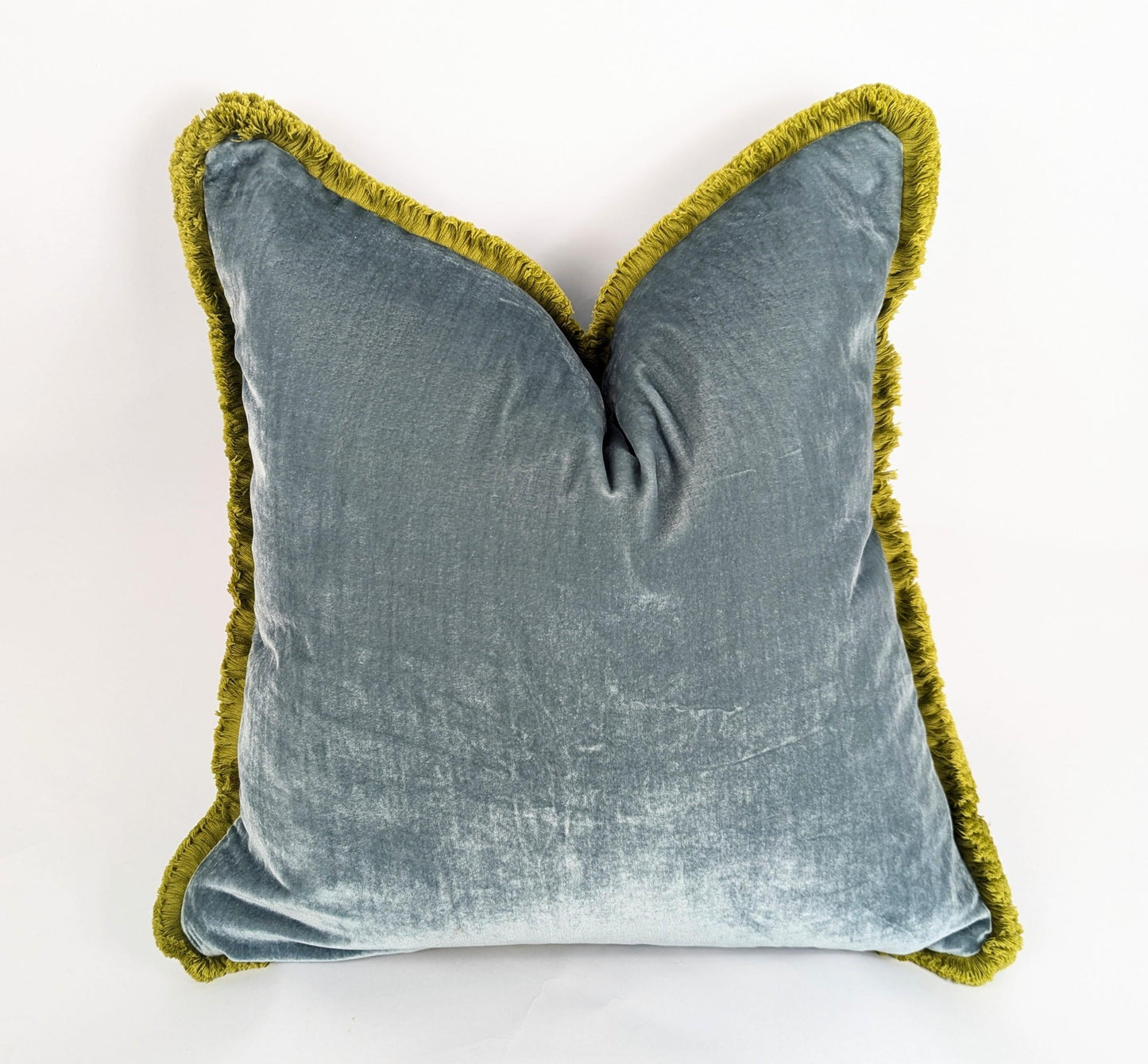 Sea Blue Silk Velvet Throw Pillow Covers - Blue and Green Fringe Cushion - Coastal Decor