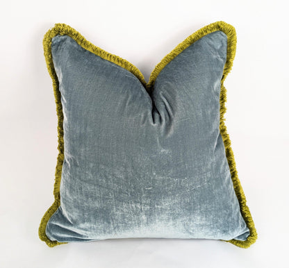 Sea Blue Silk Velvet Throw Pillow Covers - Blue and Green Fringe Cushion - Coastal Decor