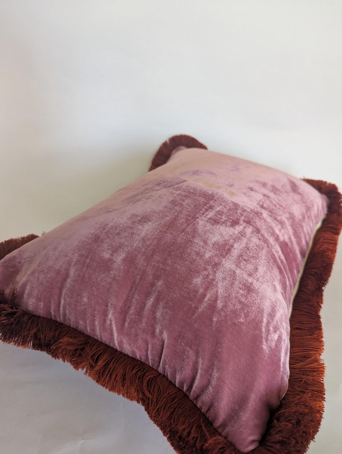 Pink Velvet Pillows , Velvet Cushion, Vintage Rose with Rusty Orange Fringe
