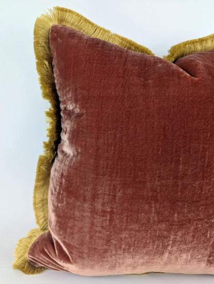 Brown Silk Velvet Lumbar Pillow, Gold Fringe Trim Cushion