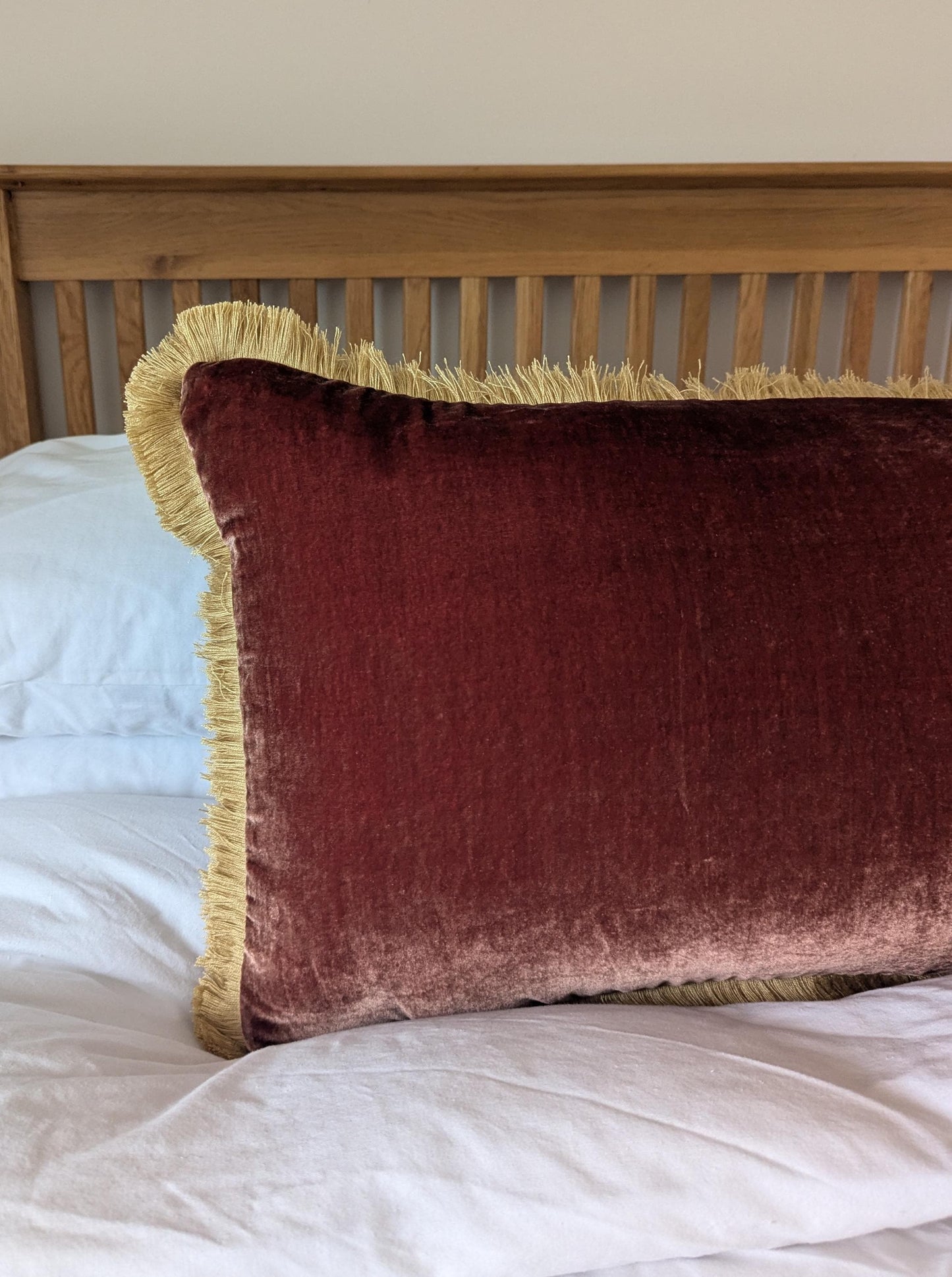 Long Lumbar - Terracotta Silk Velvet Throw Pillow Covers - Brown and Gold Fringe Cushion