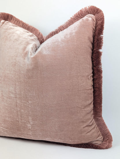Velvet Throw Pillow, Silk Velvet Cushion, Dusty Rose with Dusty Pink Fringe Trim