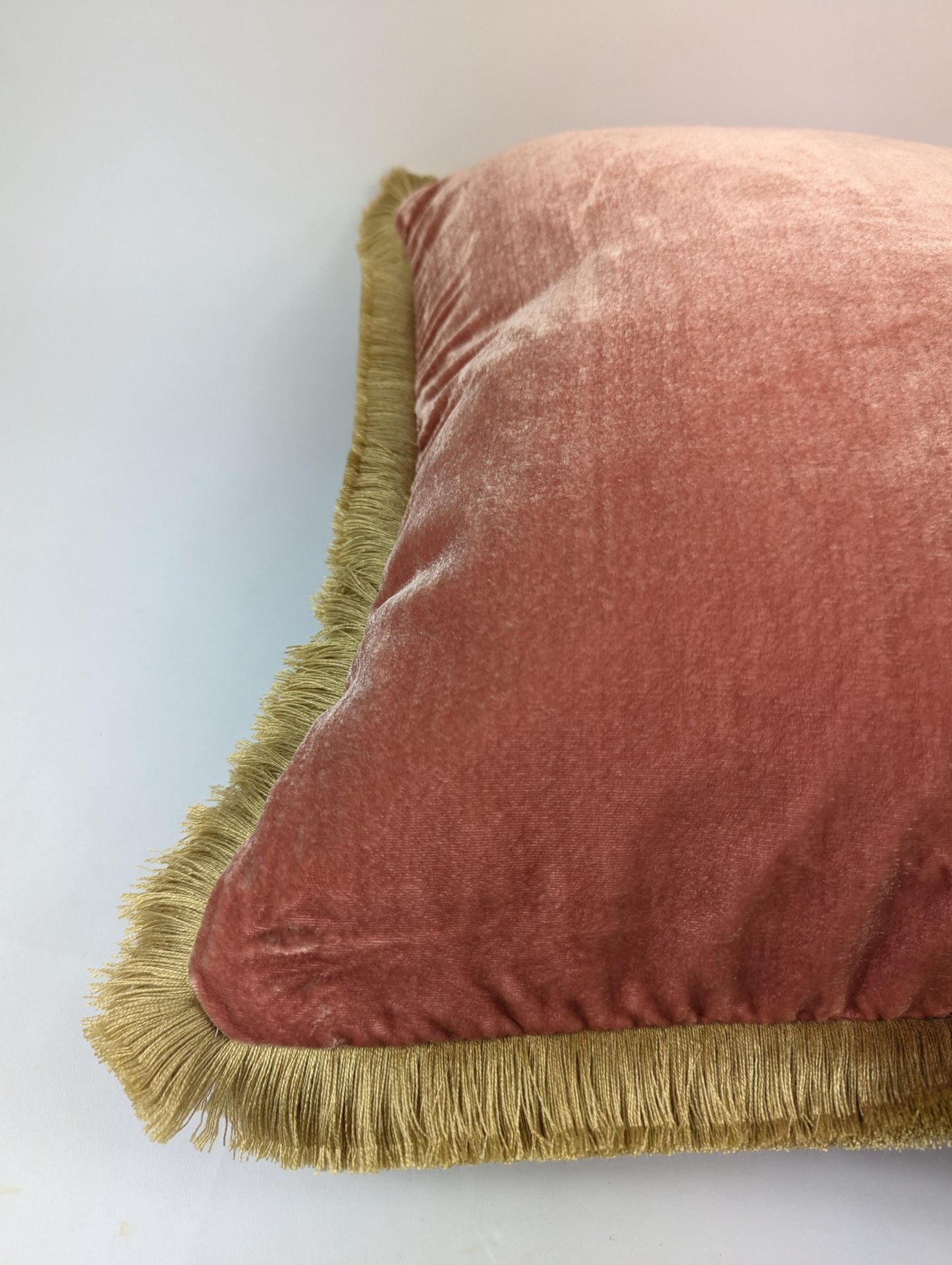 Velvet Pillow Cover, Silk Velvet Cushion, Coral with Light Beige Fringe Trim