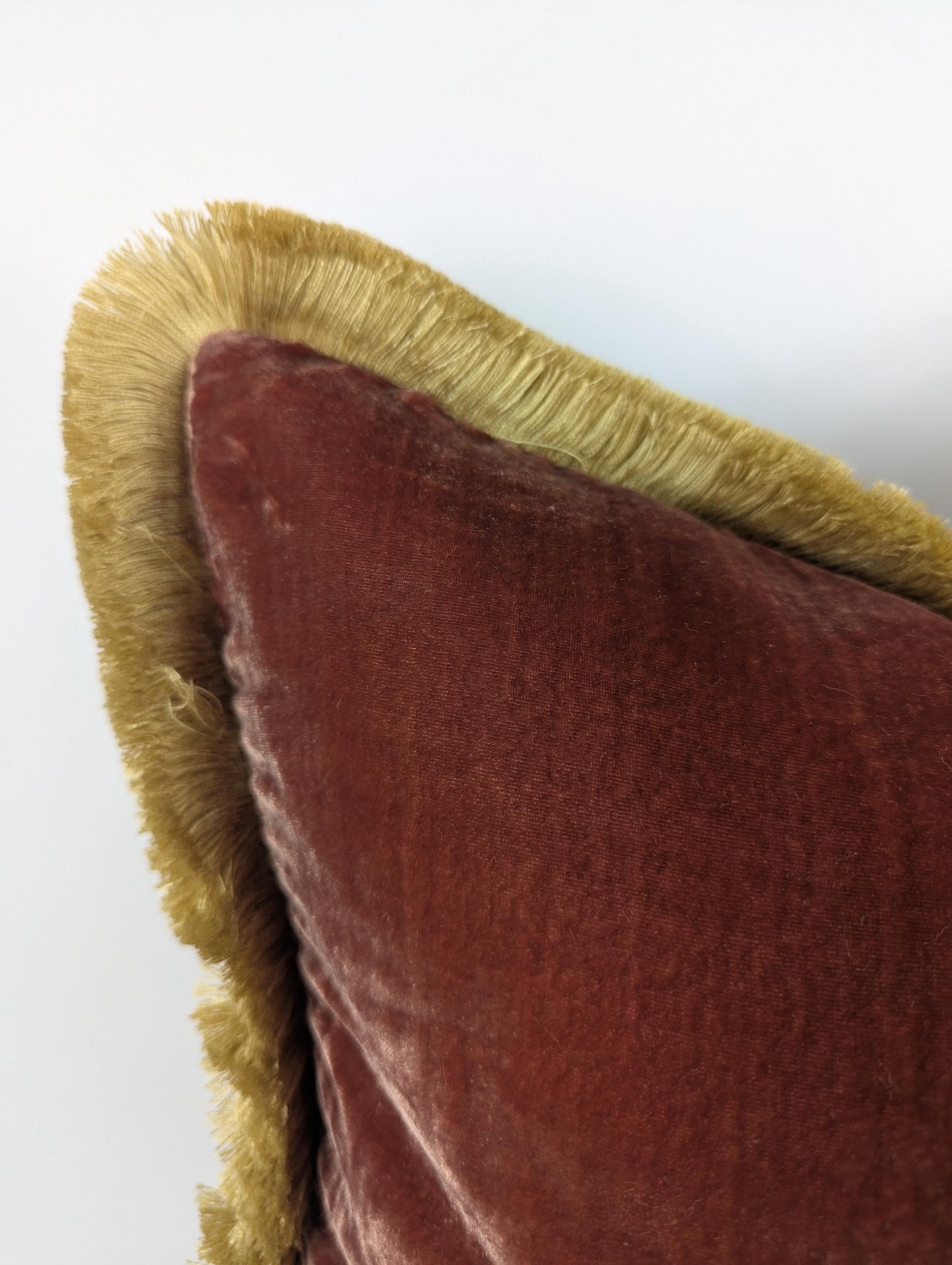 Brown Silk Velvet Pillow Cover with Gold Fringe Trim