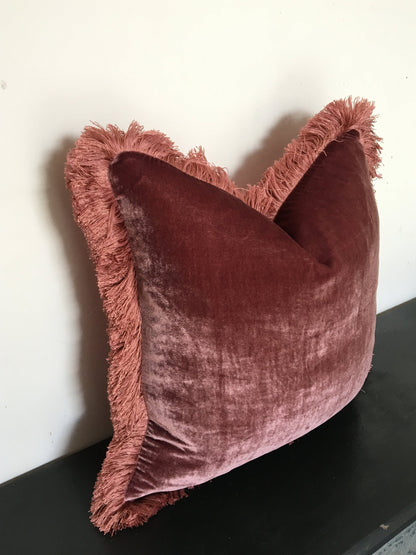 Berry Pink Silk Velvet Cushion Cover with Dusty Pink Fringe Trim